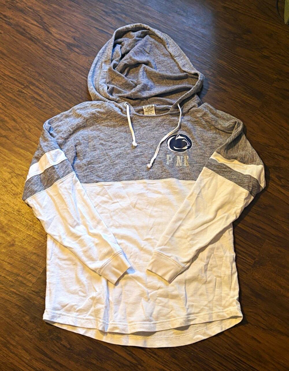 PINK Penn State Colorblock Pullover Hoodie Gray/White Logo Graphic Women's M